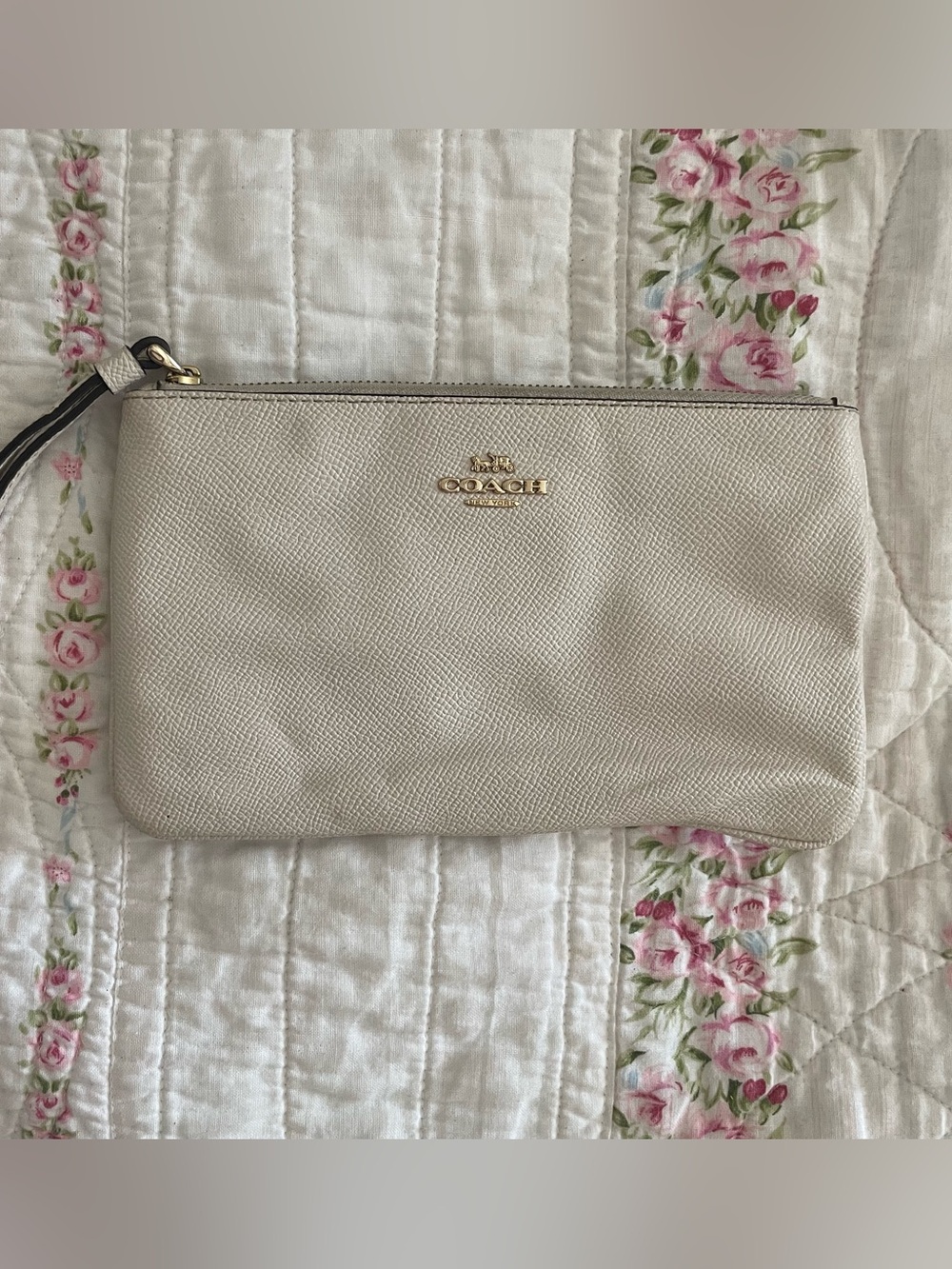 Coach Cream Pebbled Leather Wristlet with Gold Logo